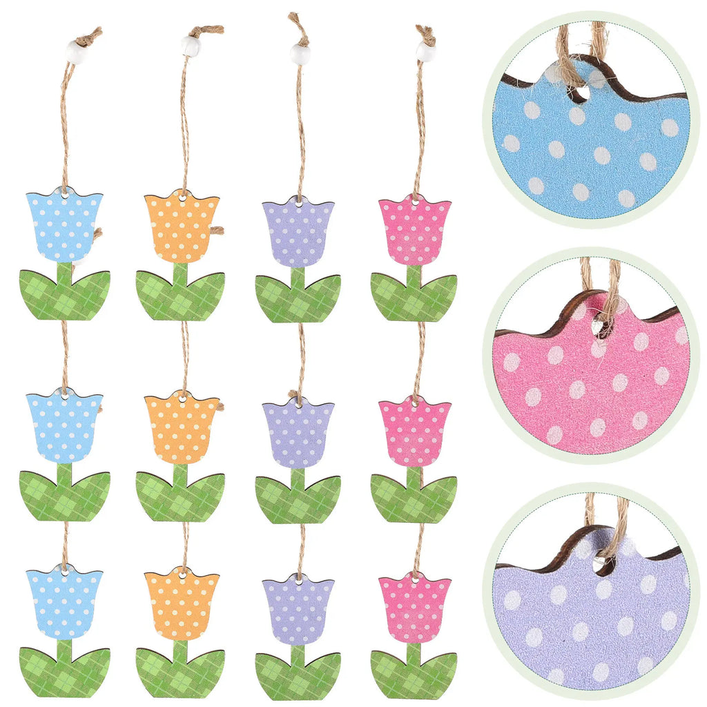 12Pcs Ornaments Wooden Hanging Decorations Mothers Day Party Spring Tree Decor Natural Wood Flowers Small Decor