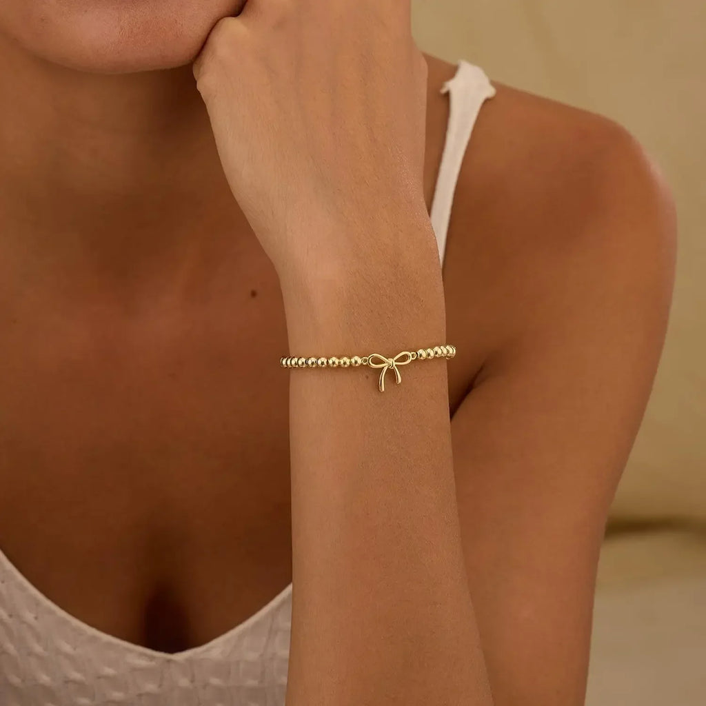Mothers Day Gifts - Beaded Bracelets for Women 14K Silver Gold Plated Stretch Handmade Ball Bracelets