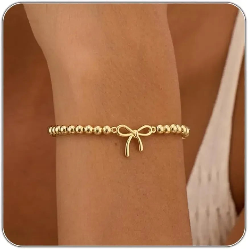 Mothers Day Gifts - Beaded Bracelets for Women 14K Silver Gold Plated Stretch Handmade Ball Bracelets