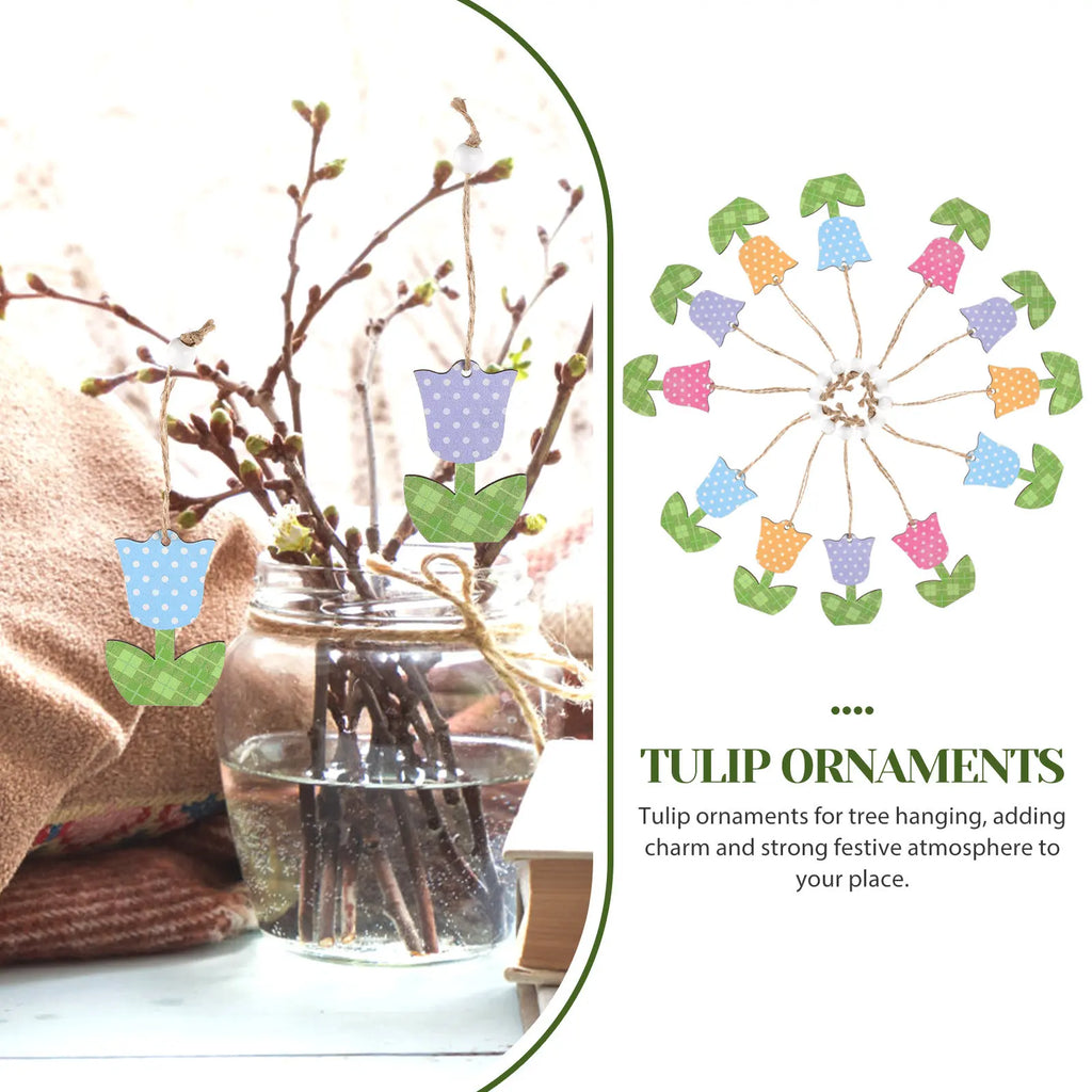12Pcs Ornaments Wooden Hanging Decorations Mothers Day Party Spring Tree Decor Natural Wood Flowers Small Decor