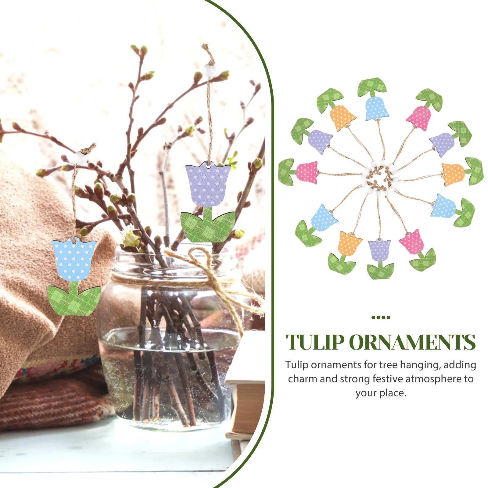 12Pcs Ornaments Wooden Hanging Decorations Mothers Day Party Spring Tree Decor Natural Wood Flowers Small Decor