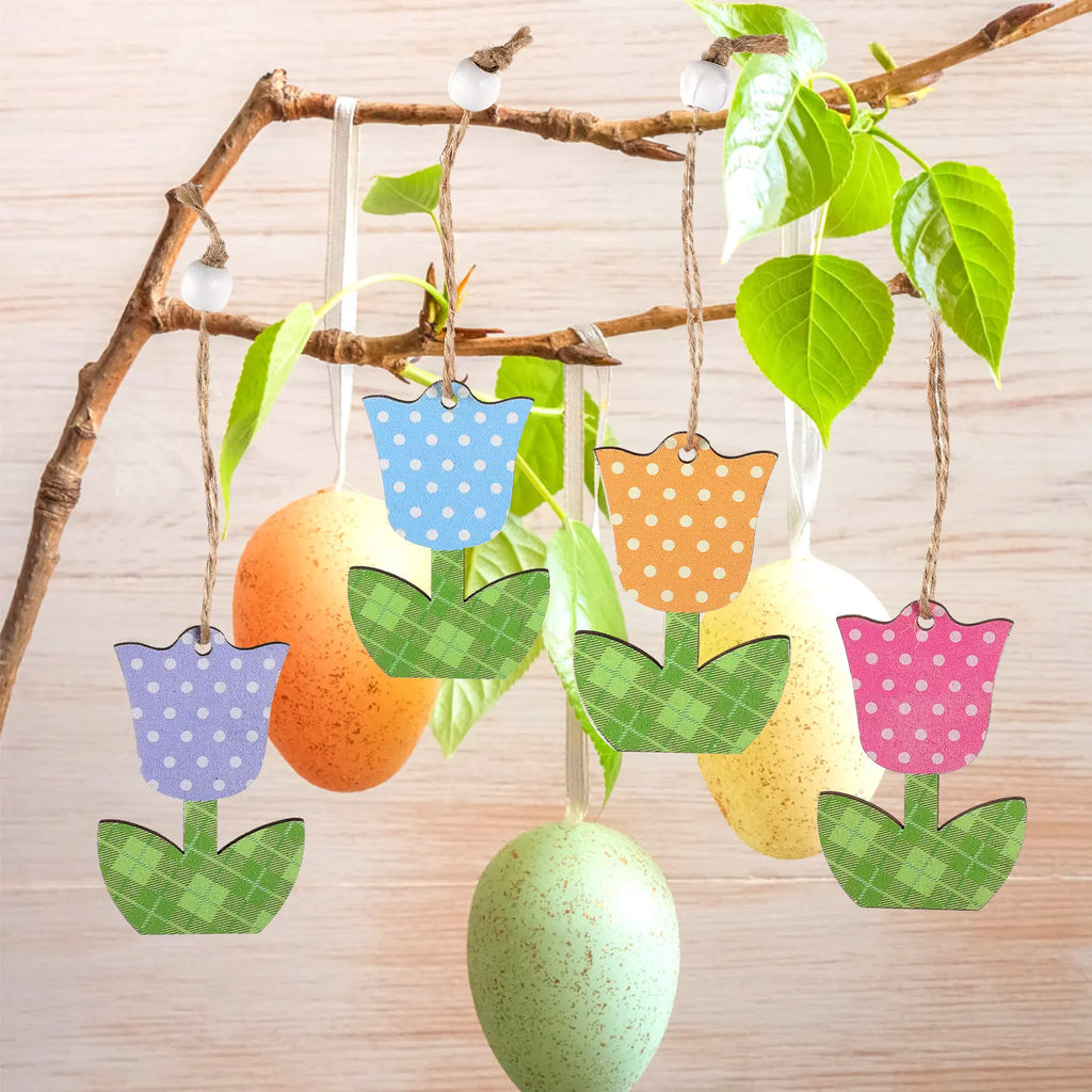 12Pcs Ornaments Wooden Hanging Decorations Mothers Day Party Spring Tree Decor Natural Wood Flowers Small Decor